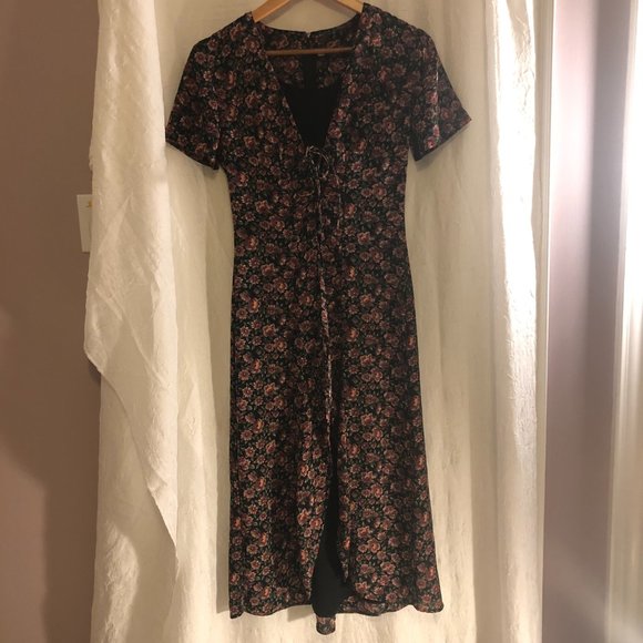 Vintage Black & Orange Floral Midi Dress with Front Slit (Size SP) - Picture 2 of 14